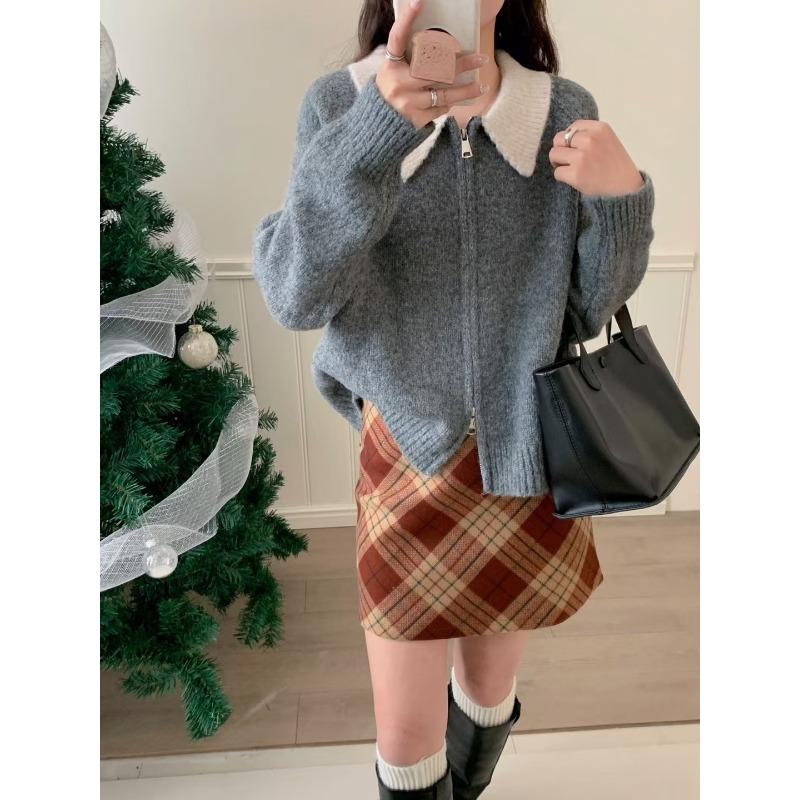 

Весна новый свободный контрастный цвет двойная молния свитер куртка мягкий восковой темперамент универсальный лацкан вязаный кардиган женский one size fits all