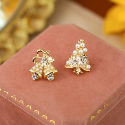 Boucles d'oreilles clous arbre de Noël en perles et clochette dorées, design coréen