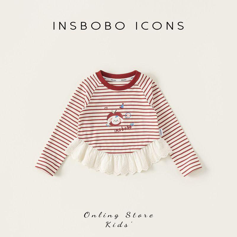 Insbobo Girls  Base Layer Shirt 2026 Spring Long-Sleeve New Spring Clothing Children s Clothes T-Shirt Spring and Autumn Tops Children s Clothing Red stripe 80