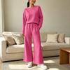 Women's Casual Long Sleeve Two-Piece Set - Round Neck Top with Elastic Drawstring Waist Wide Leg Pants and Pockets