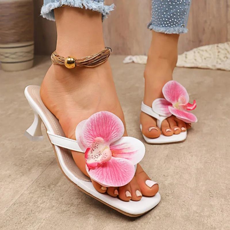 Fashion 2025 Summer Plus Size Women's Slippers Floral Thin Heel Flip-Flops Women's Wide Fit Light Weight Dressy Sandals High Heelzapatos