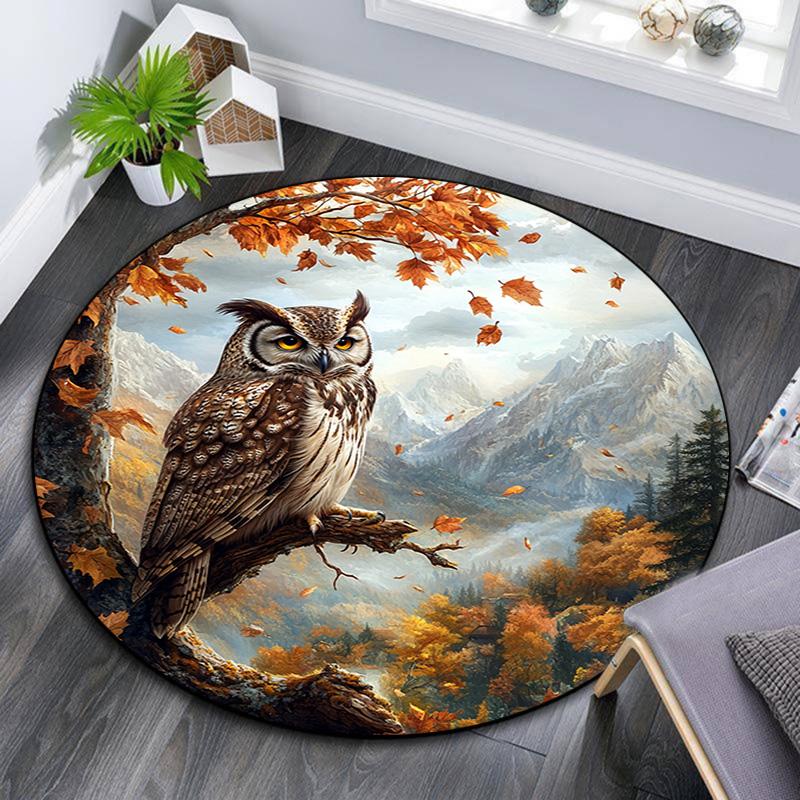 Autumn Owl Round Area Rug,Carpet Rug for Living Room Bedroom Sofa Playroom Decor,Non-slip Floor Mat