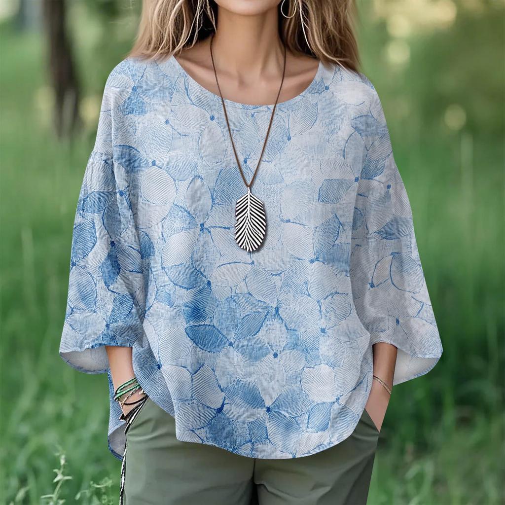 Summer Tops For Women Cute O Neck 3/4 Sleeve Blouses Floral Print Top Casual Shirts