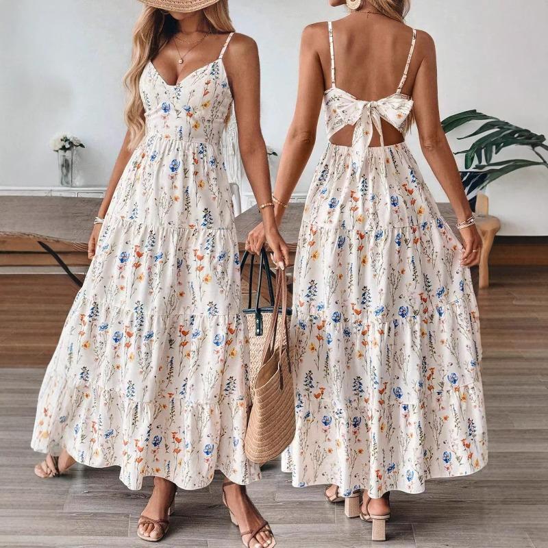 Amazon Summer New Bohemian Back Bow Holiday Style Print Dress Suspender Dress