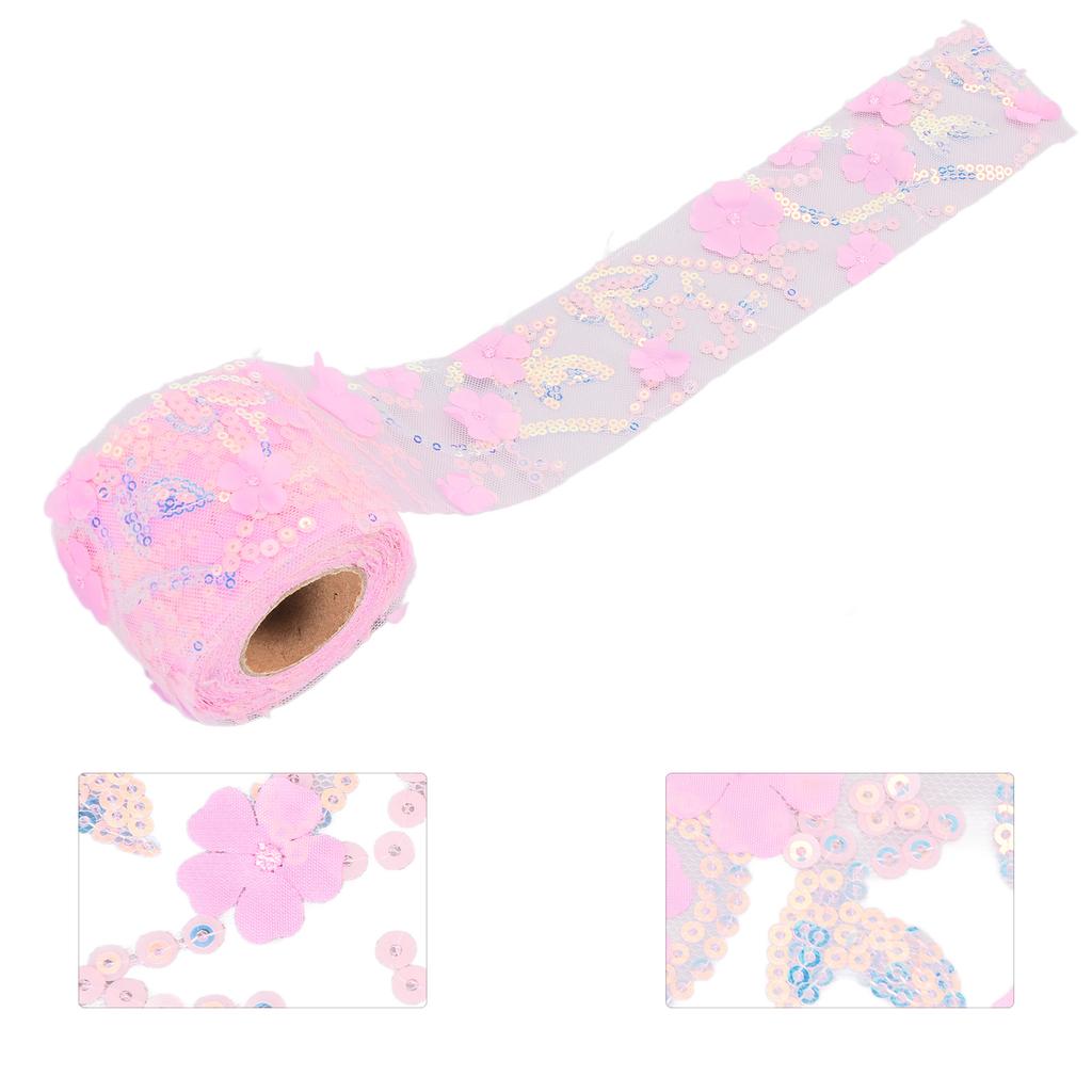 Tulle Roll 10 Yards Embroidered Sequins Flowers Mesh Ribbon Decorative Craft AccessoriesDark Pink