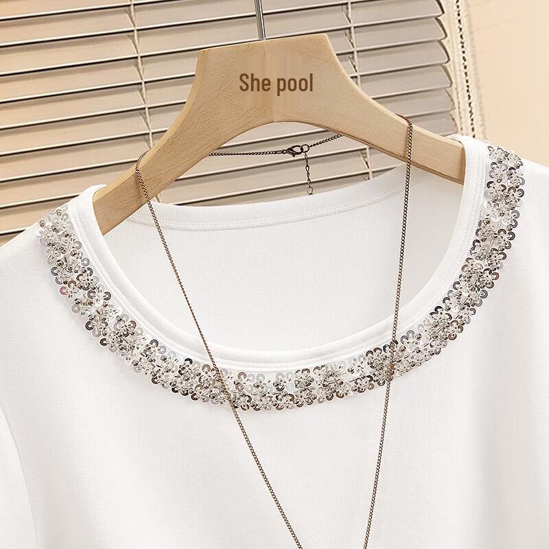 Women's Round Neck Short Sleeve Asymmetric T-Shirt with Woven Detail