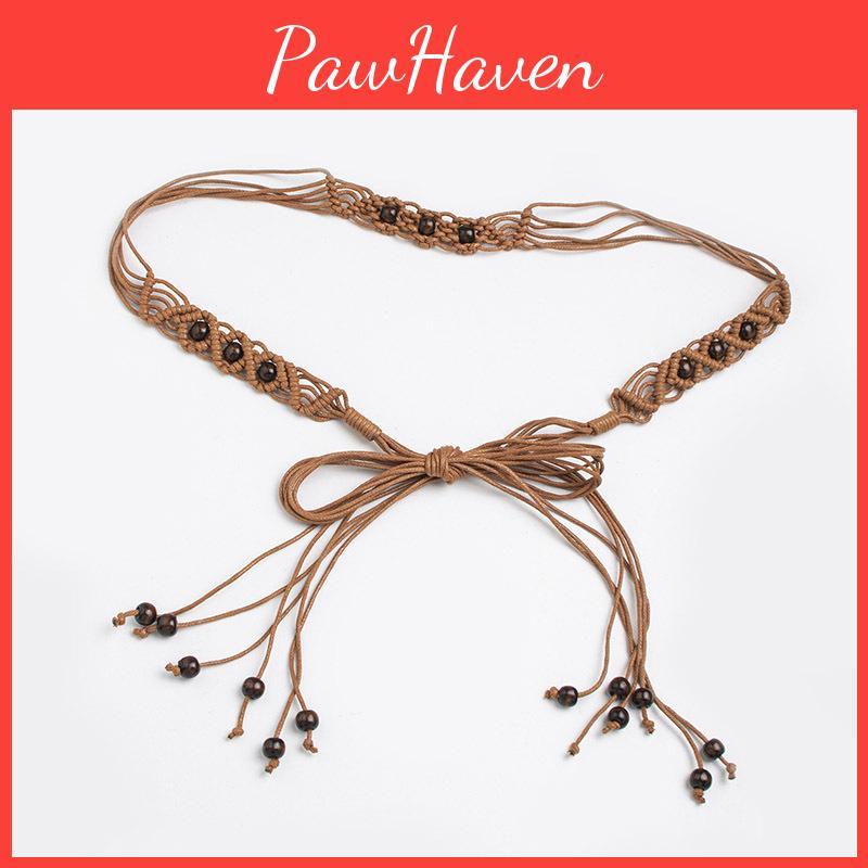 Bohemian Style Handwoven Cotton Rope Waist Belt With Wooden Beads For Beach Outfits And Festivals