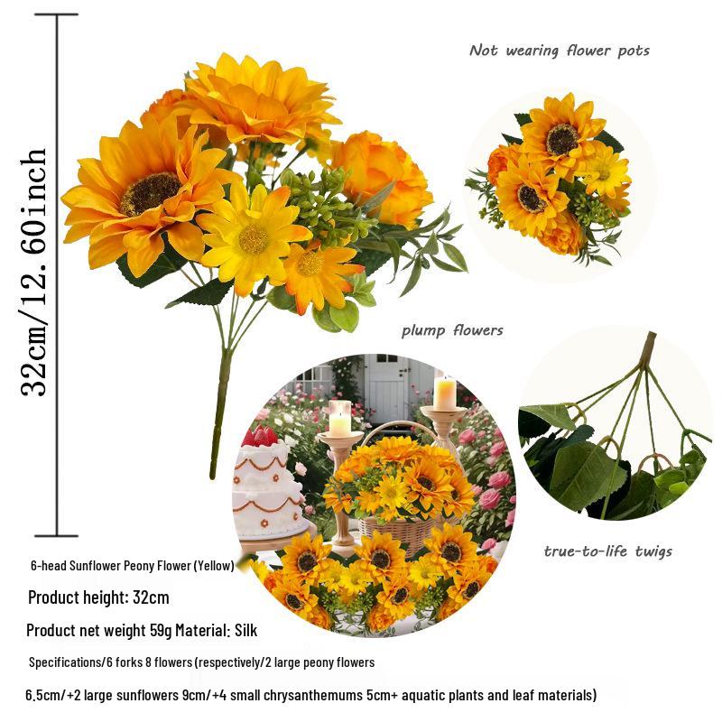 European-Style Artificial Flowers: Sunflower, Daisy, Peony Bouquet for Home or Wedding Decor.