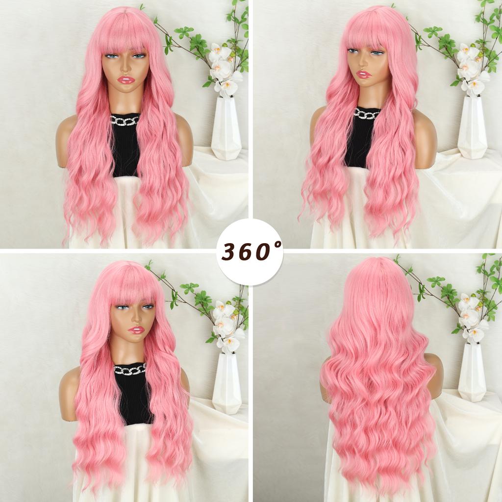MERISIHAIR Syntetiske lange rosa parykker med smell Naturlig bølget hår Parykk for kvinner Daglig Cosplay Varmebestandig