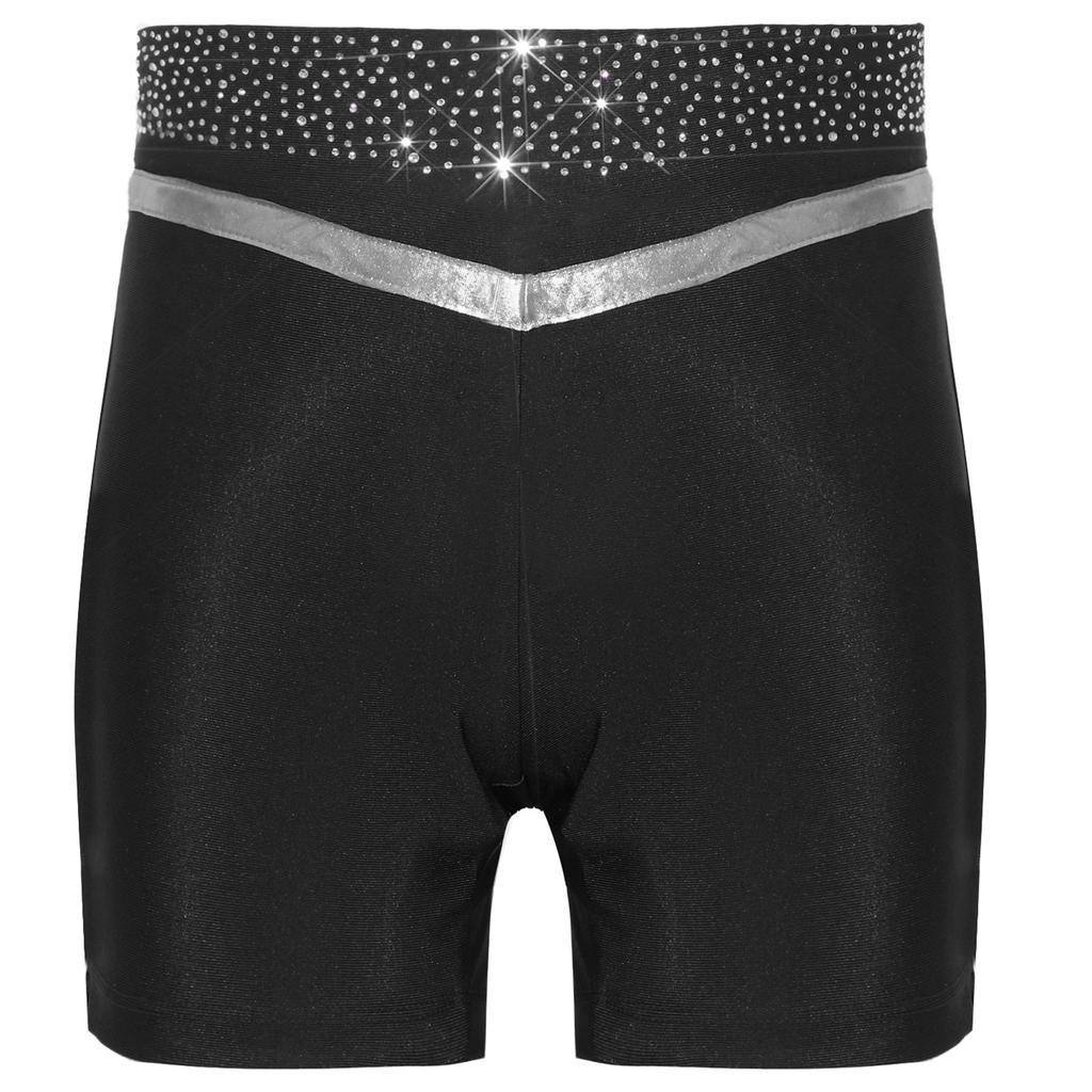 Girls Gymnastics Dance Shorts Metallic Trim Shiny Rhinestones Elastic Waistband Bottoms