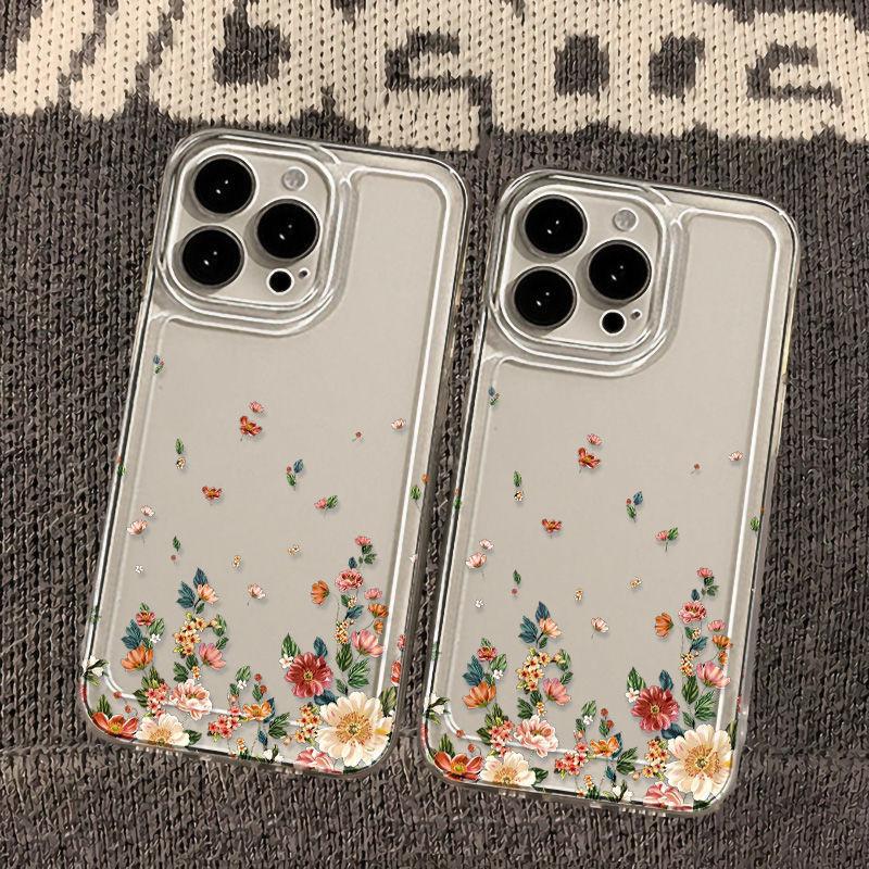 Iphone 15 For Pro Max Transparent Phone Case With Flower Print Decoration Design