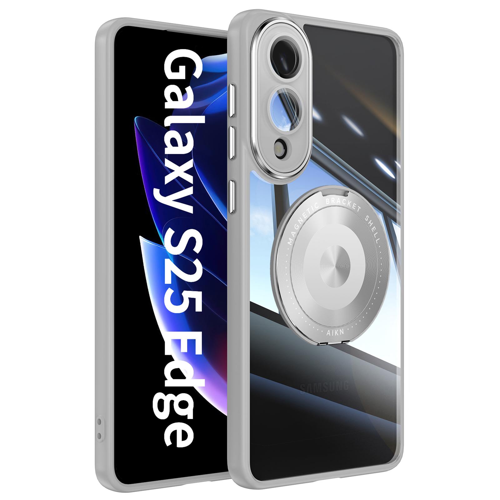 

Для Samsung Galaxy S25 Edge Магнітний чохол PC+TPU Чохол для телефону з металевою підставкою, що обертається, Захисник об єктива Titanium Grey