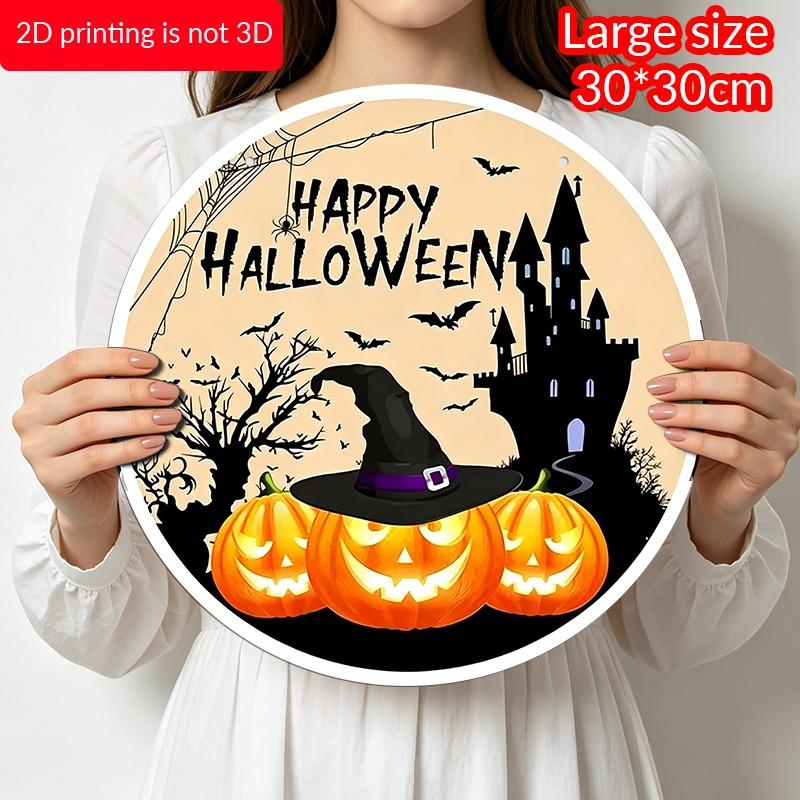 2D Flat Aluminum Decorative Plaques and Ornaments Sign, Halloween Hanging Plaque with Pumpkin Witch Hat Bat Castle Design, Spooky Wall Decor for