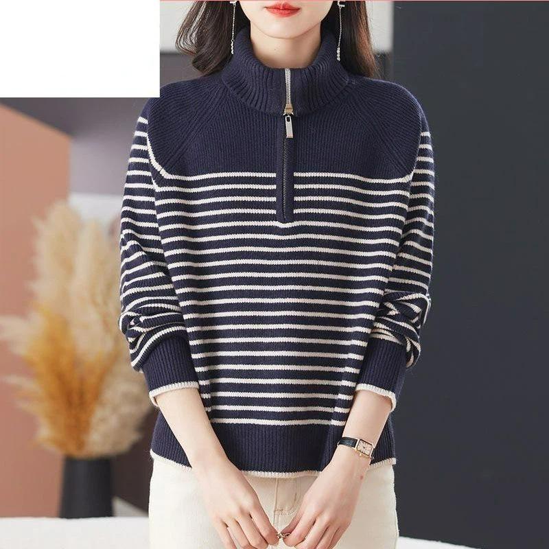 Women s loose striped spring and autumn bottoming sweater top XL темно-синий