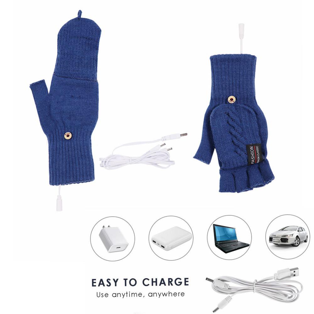 

1 Pair USB Electric Heating Winter Gloves Warm Heated Polyester Half Finger Gloves with Flap Cover Blue