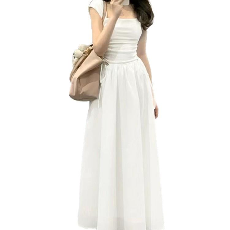 Blue Square Neck Suspender Dress Women's Summer New Splicing Skirt Feeling Waist and Thin Long Dress Women's Clothing