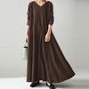 Autumn Winter Women Long Dress Solid Color V Neck Long Sleeves Streetwear
