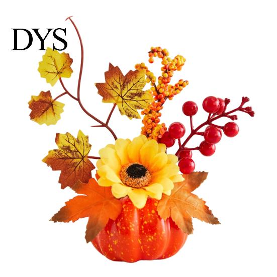 Autumn Seasonal Counter Display Fall Artificial Pumpkin Table Centerpiece, Fake Decoration with Sunflowers Decor Maple Leaves Berries for Thanksgiving