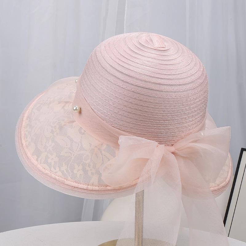 Spring and summer new lace mesh top hat women's sunscreen sun hat pearl bow decorative holiday mesh hat