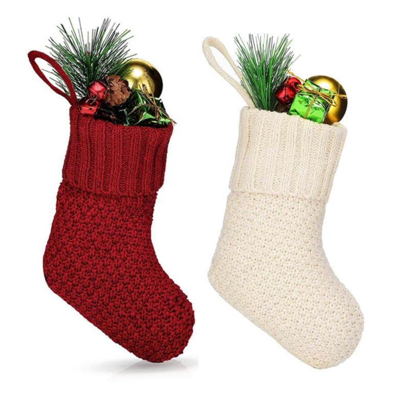 1PC Christmas Knitted Stockings Decor Festival Gift Bag Fireplace Xmas Tree Hanging Ornaments Decor Red White Christmas Sock red
