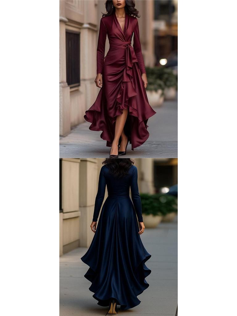 2026 Women's V-Neck Waist-Cinching Elegant Ruffle Dress