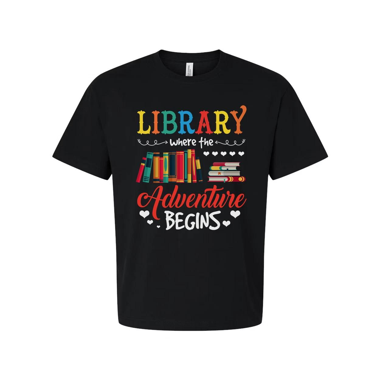 

Unisex Library Adventure Graphic Tee With Colorful Books Stack And Hearts Design XL