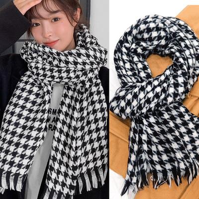 Winter Contrasting Color Thousand Bird Grid Scarf Couple Warm Plaid Scarf Fringed Scarf