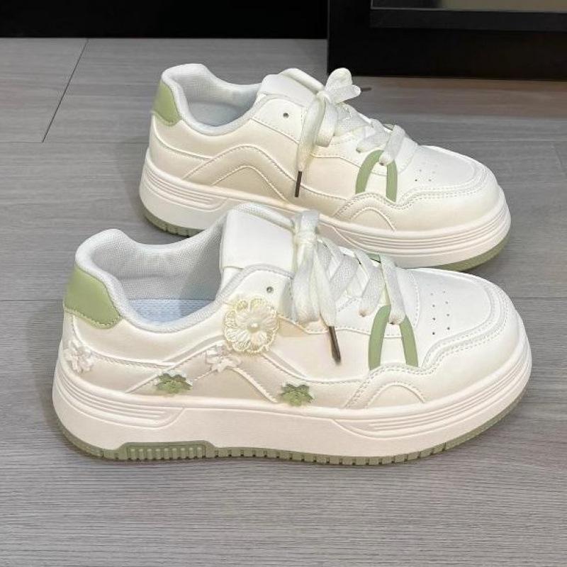 Koreanische Leinenschuhe für Mädchen - 2026 Blumenmuster, Dicke Sohle, Frühling/Herbst, Lässig Weiß