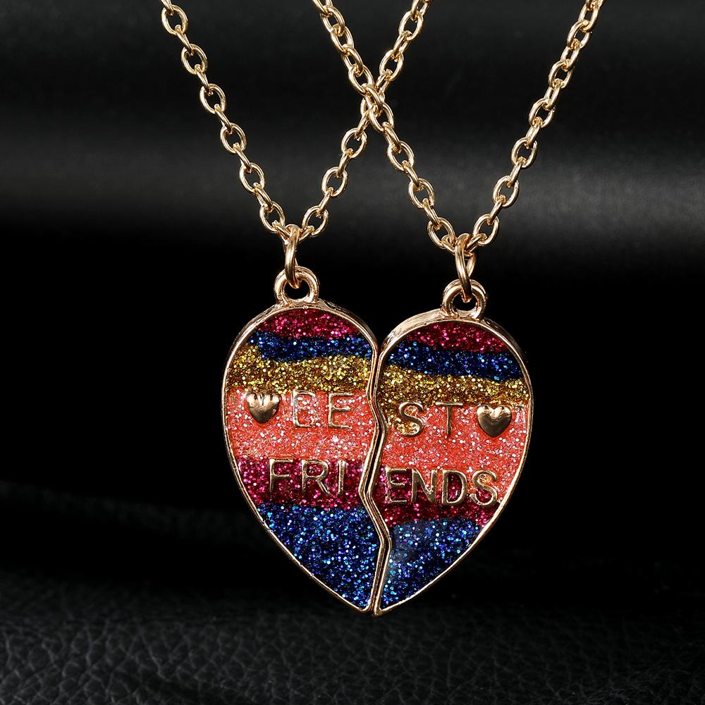 Colorful Glitter Design Broken Heart Best Friends Golden Necklace Set Of 2 For Girls Ladybro Friendship Chain Jewelry Gift
