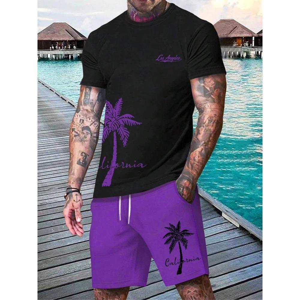 

Hawaiian Beach Resort Casual Men s Crew T-shirt And Shorts Set Coconut Print Men s Short Sleeve Top Outdoor Loose Shorts 6XL