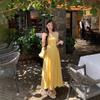 French halter sexy yellow suspender dress summer new suspender dress waist long dress vacation skirt