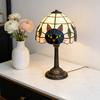 Resin Cat Table Lamp with Stained Glass Style Shade Vintage Decorative Lighting Fixture for Living Room Bedroom Office Study