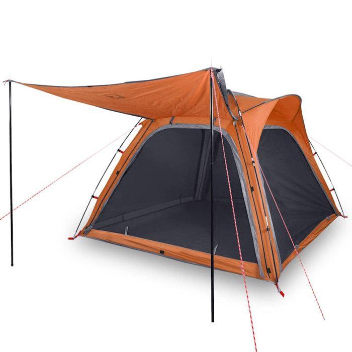 VidaXL Camping Tent 4 Person, Shade Tent with Bag, Portable Awning with Sidewalls, Grey and Orange 94358