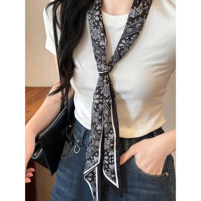 Black Cashew Flower Long Strip Thin Silk Scarf Women'S Korean Diagonal Scarf High-End Temperament Waist Accessories