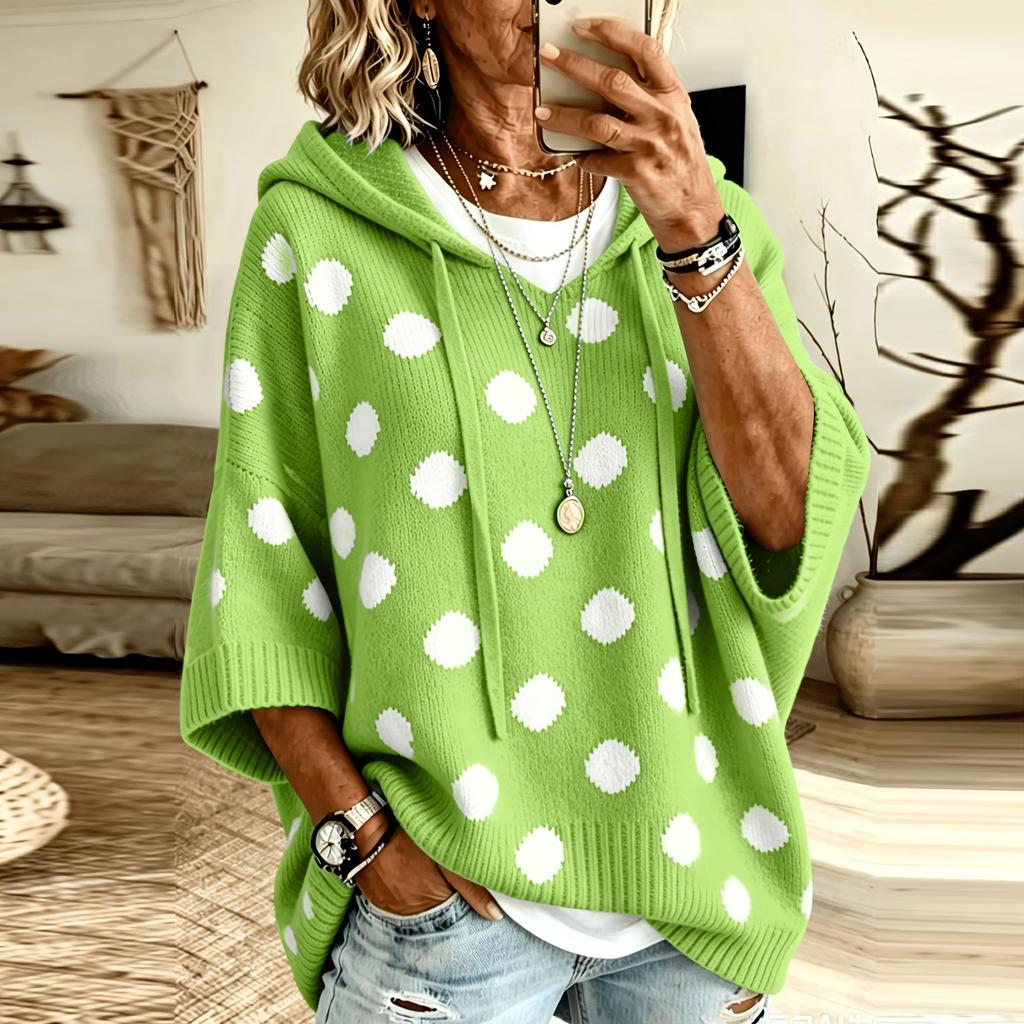 Women's Polka Dot Knit Hoodie Sweater with Drawstring Hood