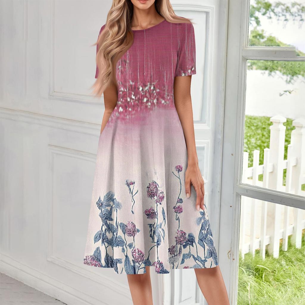 Women's Casual Fashion Round Neck Short Sleeve Print Midi Dress