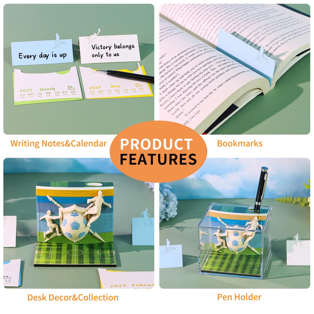 WorldCup Theme 3D Football Memo Pad Creative Soccer Paper Sculpture Calendar DIY Desk Decor Souvenir with Pen Holder&Gift Box