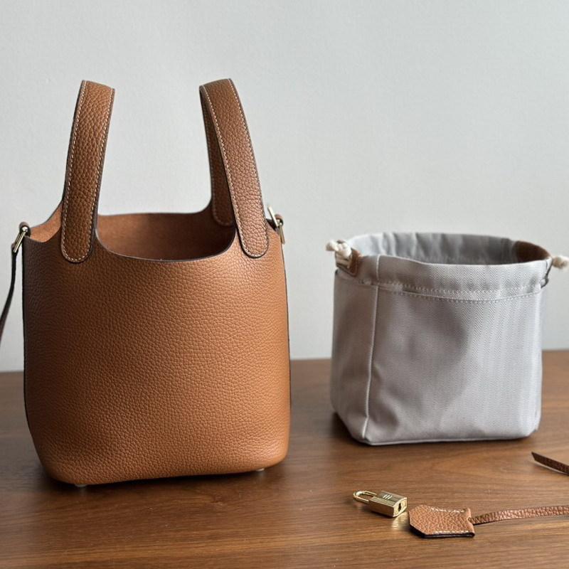 New leather first layer cowhide lychee pattern bucket bag handbag vegetable basket bag women's bag