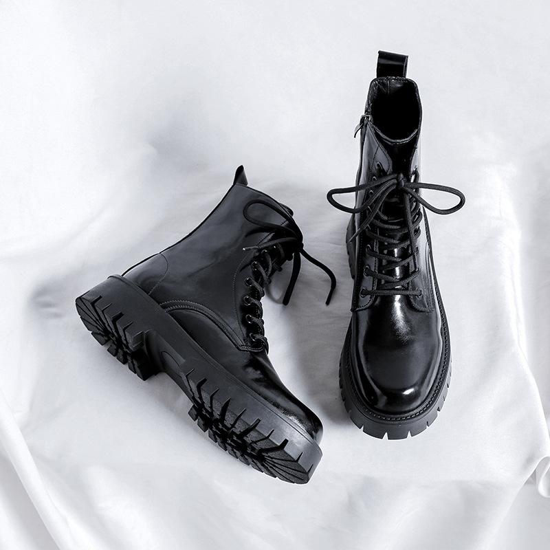 2025 new patent leather Martin boots men's autumn and winter zipper short boots glossy lace-up formal high-top men's shoes 2159-F