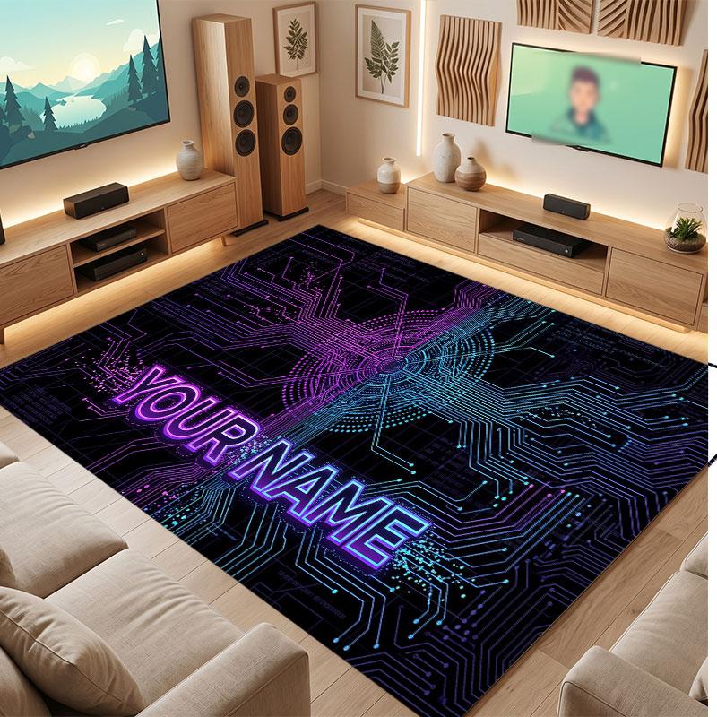 City Cyberpunk Theme Crystal Velvet Floor Rug Personalized Custom Name Text Warm Carpet Home Decoration