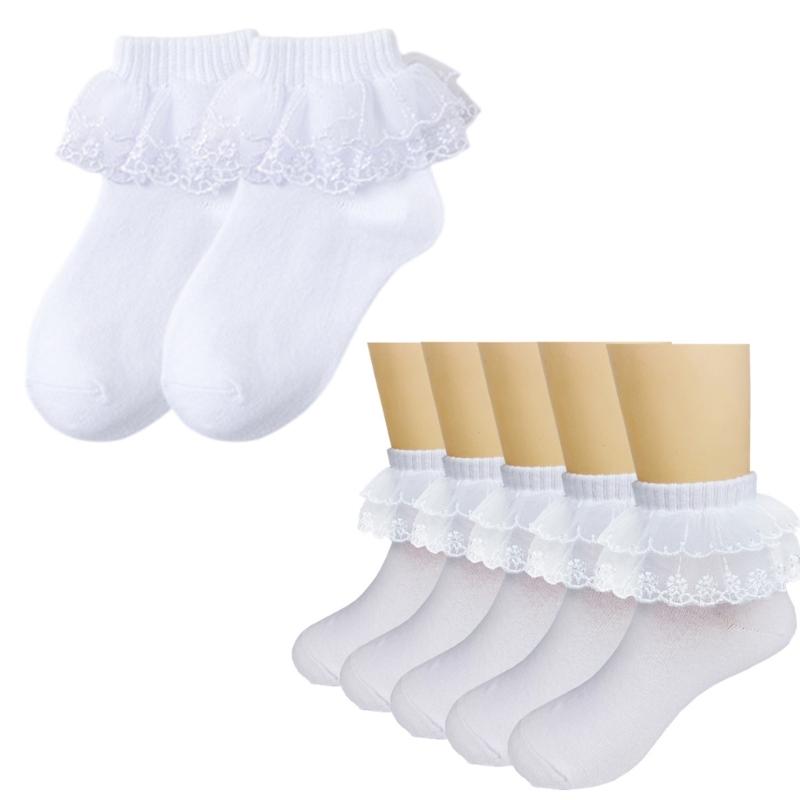 3 Pair Comfortable Girls Ankle Socks Elegant Double Layer Lace Ruffle Socks for Ages 1-10+ Years Kids Daily Wear