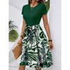 Vestido feminino de verão, novo, gola redonda, estampado, manga curta, vestidos swing