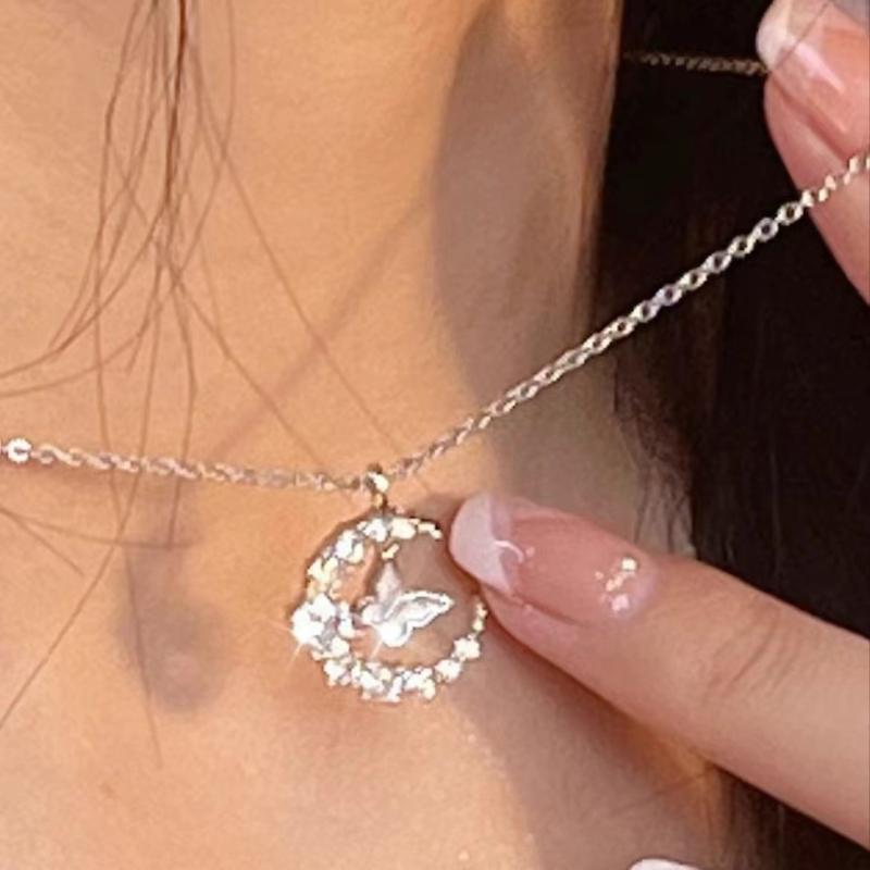 Fashion Sparkling Crystal Necklace Female Exquisite Moon Butterfly Chain Necklace For Women Choker Collar Wedding Party Jewelry Gift