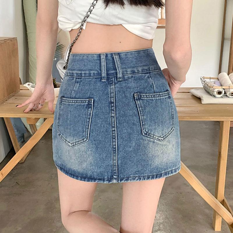 Youthful and Slimming Vintage Skirt Pants A-line Short Skirt High Waist Design Double Buckle Package Hip Skirt Ladies Summer Fashion Denim Short Skirt