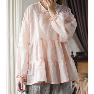 Damen Patchwork Einfarbig Dünne Sommer O-Ausschnitt Langarm Vintage Damenhemden