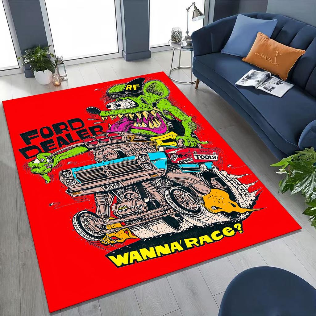 3D Rebellious RAT FINK Auto's Bord Cartoon Vloerkleed voor Slaapkamer Woonkamer Bank Huis Deurmat Decoratie, Groot Kinder Speel Antislip Vloermat