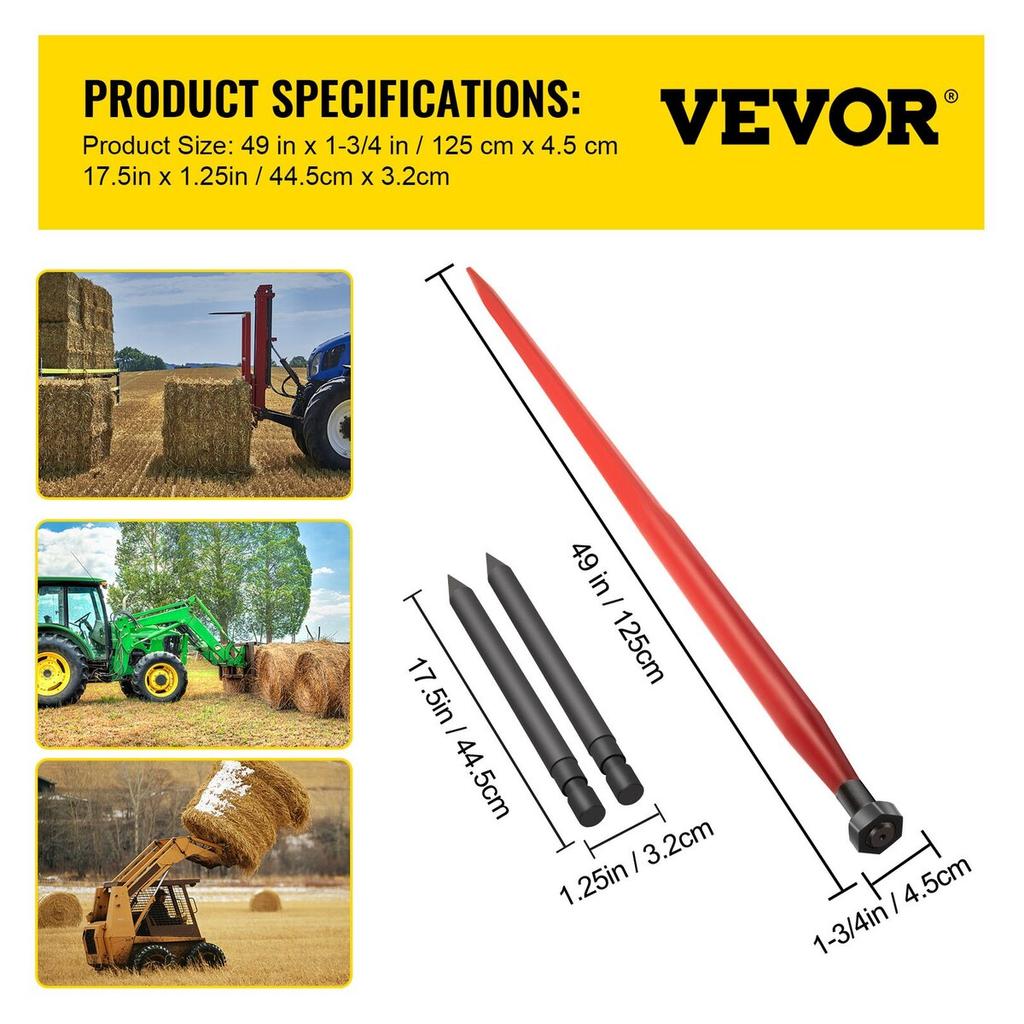 Hay Spear 49\" Bale Spear 3000 Lbs Capacity, Bale Spike Quick Attach Square Hay Bale Spears 1 3/4\" Wide, Red Coated Bale Forks, Bale Hay Spike with 2