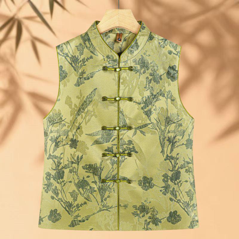 Red Embroidered Stand Collar Vest with Frog Buttons: New Chinese National Style XL 80-100 lbs