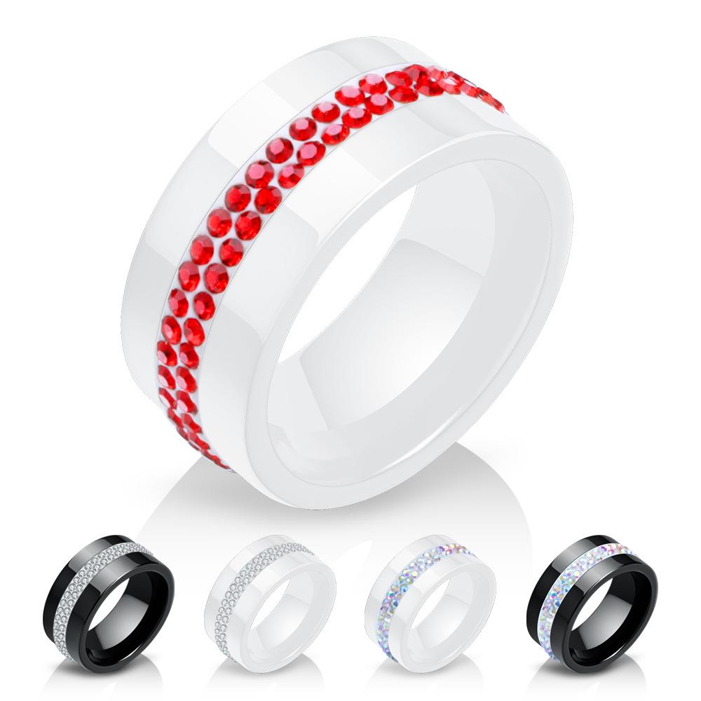 Stylish Ceramic Black and White Two-Row Diamond Ring, 10MM