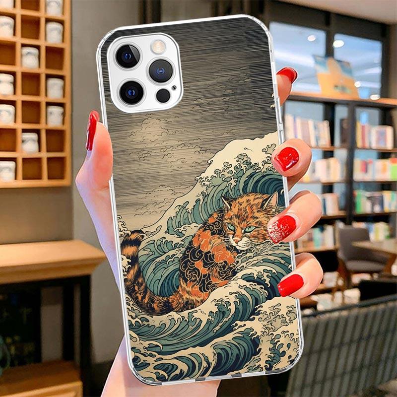 Anime Cat Sea Wave Aesthetic Cover Phone Case For iPhone 16 17 Air 15 14 Pro Max 16E Phone Case 13 Mini 12 11 7 SE 8 Print Patte